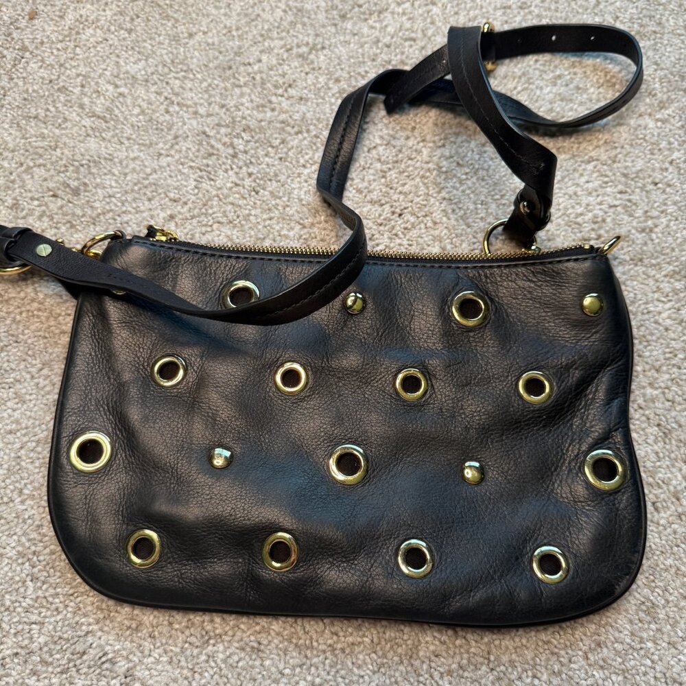 J. Crew Grommet Detail Zipper Pouch‎ Leather Crossbody Purse in Black & Gold
